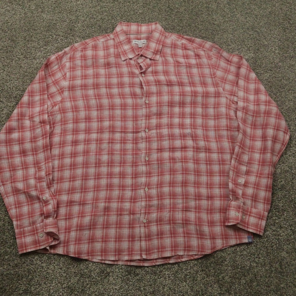Peter Millar shirt XL Linen Button Down Shirt Red Plaid Casual Menswear Top